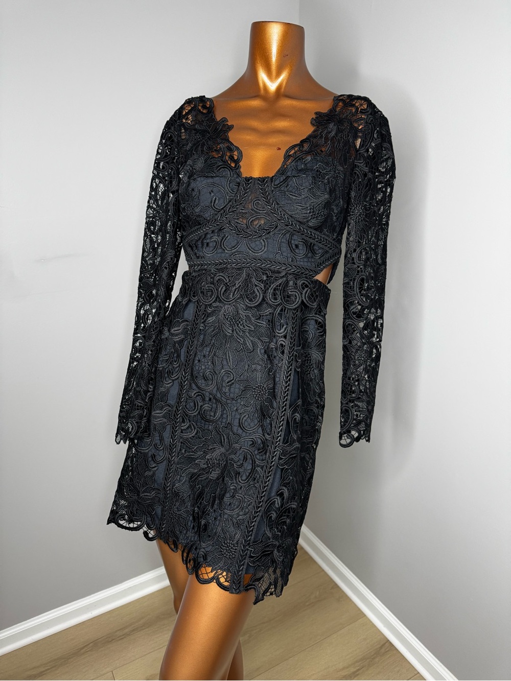 Reiss Black Lace Long-Sleeve Cutout Mini Dress